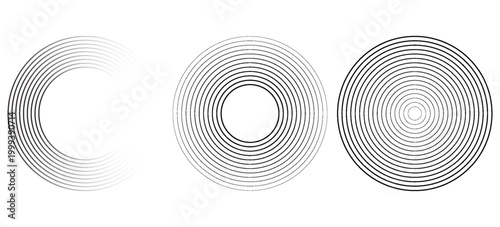 Black concentric circle set. Sonar or sound wave ring collection. Dotted and linear epicentre, target, radar icon concept. Ripple radial signal or vibration elements