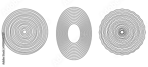 Black concentric circle set. Sonar or sound wave ring collection. Dotted and linear epicentre, target, radar icon concept. Ripple radial signal or vibration elements