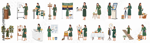 Illustration set of female office staff in green dresses managing onboarding, reception, meetings, and workplace organization for a welcoming corporate environment.