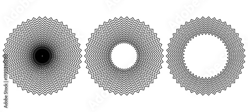 Black concentric circle set. Sonar or sound wave ring collection. Dotted and linear epicentre, target, radar icon concept. Ripple radial signal or vibration elements
