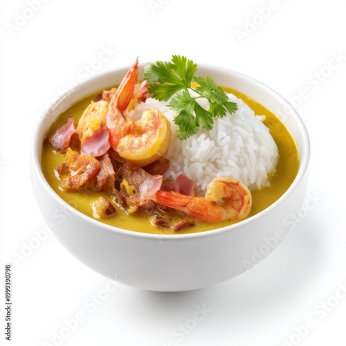 Delicious shrimp curry with rice and fresh cilantro in a white bowl, perfect for culinary and food photography