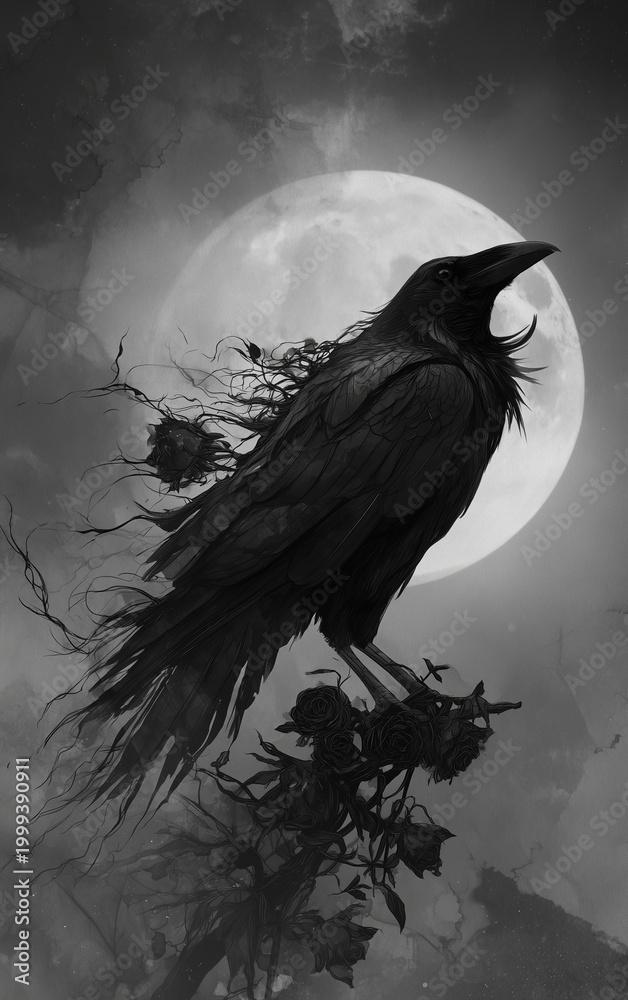 Fototapeta premium Dark raven with flowing ink like feathers dissolving into mist before a luminous full moon in deep blue night sky creating dramatic gothic fantasy atmosphere for halloween posters book covers and myst