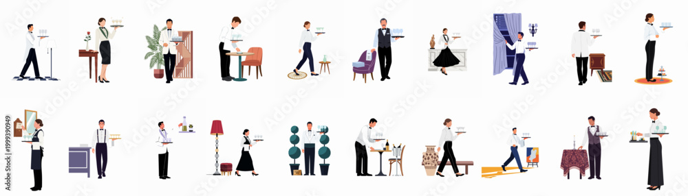 Fototapeta premium Large Collection of Professional Waiters and Waitresses in Formal Uniforms Serving Food and Drinks in a Fine Dining Restaurant Environment