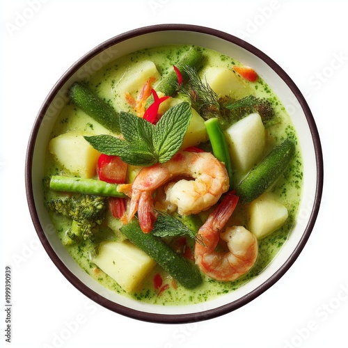 Fresh and Colorful Shrimp Soup with Vegetables in a Bowl Garnished with Herbs and Spices for Culinary Delight
