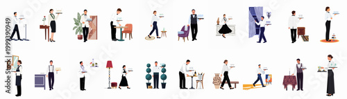 Large Collection of Professional Waiters and Waitresses in Formal Uniforms Serving Food and Drinks in a Fine Dining Restaurant Environment