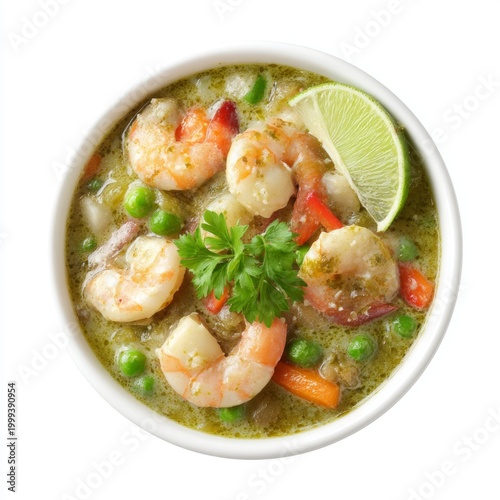 Fresh Shrimp Curry in Bowl with Vegetables and Lime Garnish, Flavorful Asian Cuisine Dish on White Background