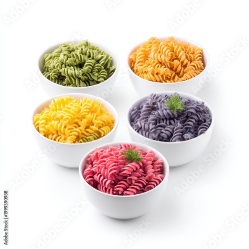 Colorful Spiral Pasta in Bowls, Vibrant Gourmet Ingredients for Creative Cooking and Healthy Meals