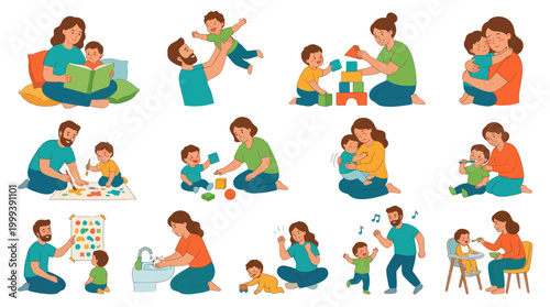 Flat Vector Parenting  Early Childhood Development: Parents  Kids Daily Activities