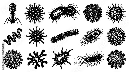 Medical Biology Microorganism Black  White Glyph Set: Virus  Bacteria Pathogen Icons