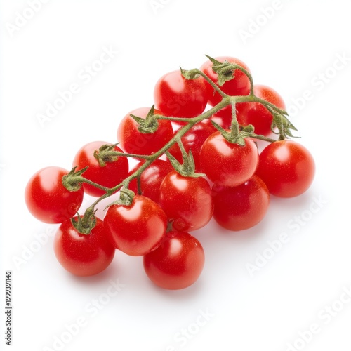 Fresh Cherry Tomatoes on a Vine Isolated on a White Background with Natural Glossy Finish