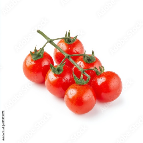 Fresh Red Cherry Tomatoes on Green Stem Isolated on White Background for Culinary and Healthy Eating Concepts