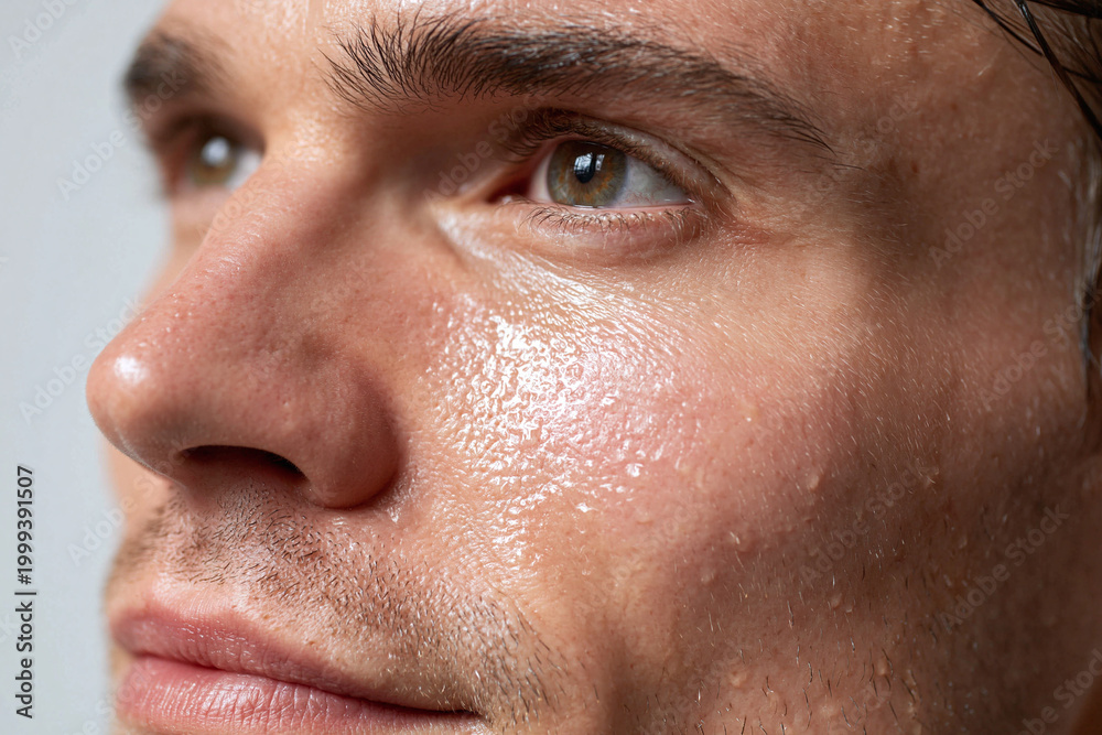 Obraz premium Close up male face with hydrated smooth skin and soft light, dewy complexion highlighting pores and stubble
