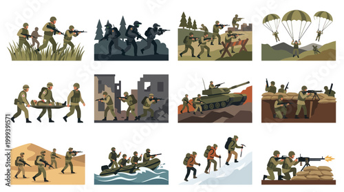Military Army Soldiers Flat Vector Illustrations: Combat, Operations, and Patrols