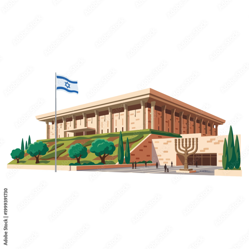 Obraz premium High quality flat vector design of the Knesset building in Jerusalem with the national flag and menorah monument featuring clean 2D lines and a professional minimalist white background layout.