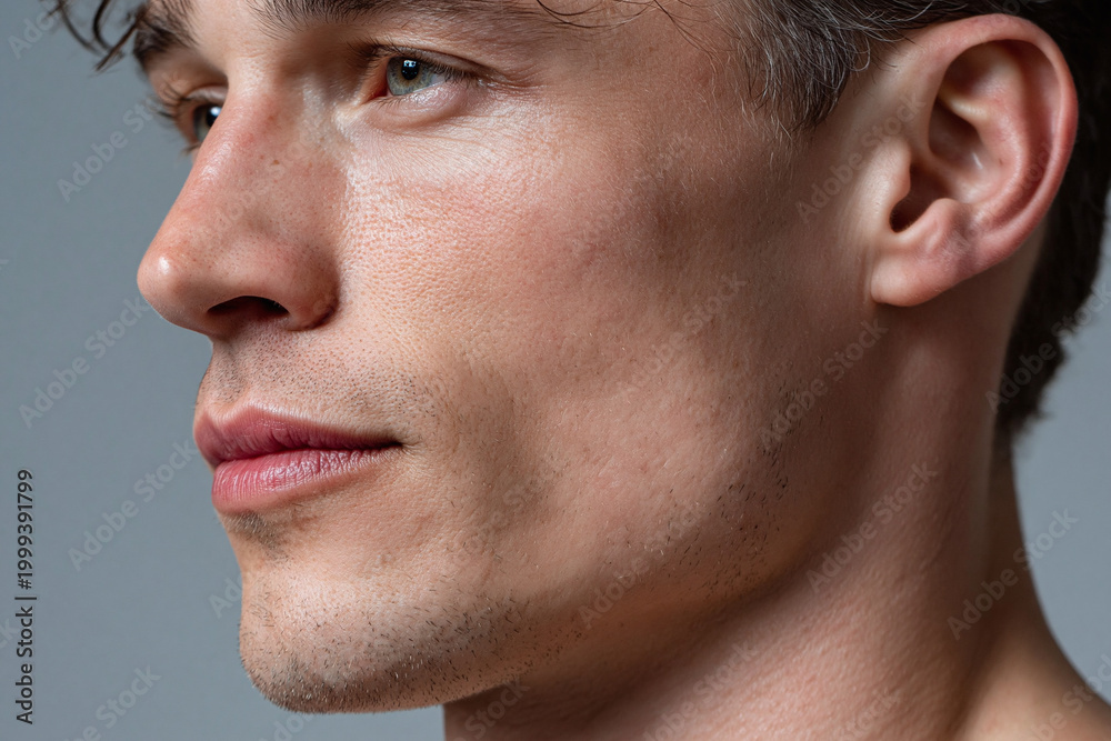 Obraz premium Young man profile with sharp jawline, smooth skin texture, stubble and neutral expression in studio lighting, close up portrait conveying calm confidence and natural detail