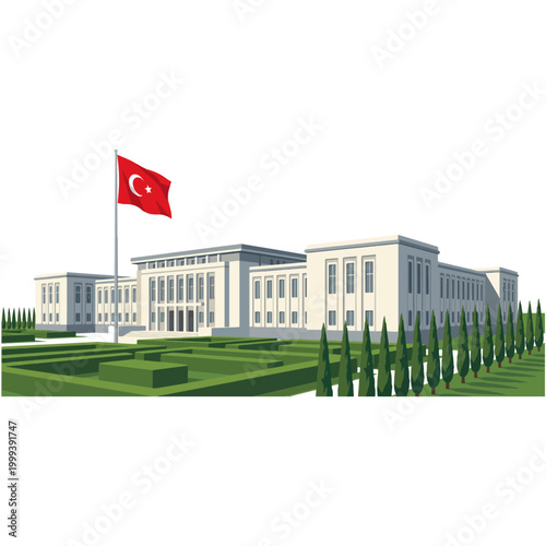 Modern flat vector illustration of the Grand National Assembly of Turkey building in Ankara featuring the national flag with clean lines and a minimalist white background for professional projects.