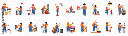 A collection of illustrations featuring children in denim overalls and orange hoodies enjoying a traditional festival with candied fruit, lanterns, and various cultural activities.