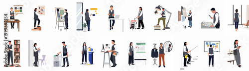 Comprehensive collection of flat vector illustrations featuring creative professionals engaged in various branding, design, and office activities in a modern workspace.