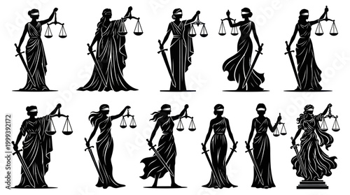 Lady Justice Scales Sword Blindfold Silhouette Vector Set Law Legal