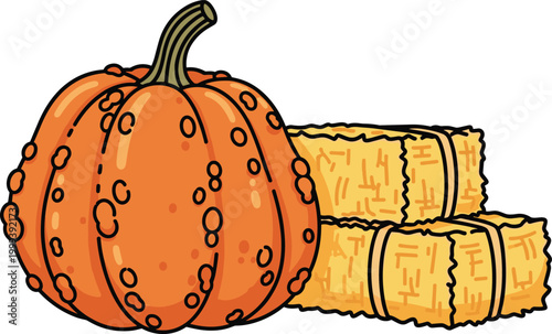 Vibrant orange pumpkin with haystacks in autumn scene