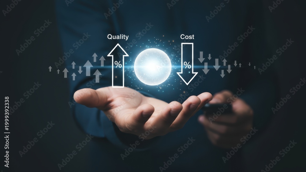 Obraz premium Businessman holding a digital interface showing quality improvement and cost reduction strategy.