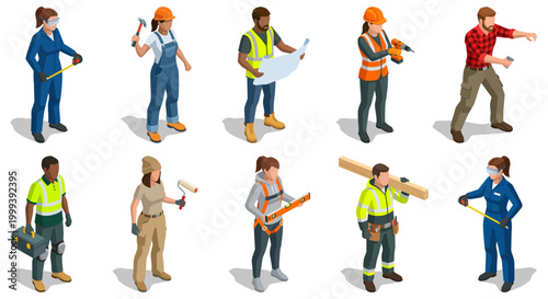 Construction and trade workers | building maintenance and renovation team | diverse isometric flat vector illustration set