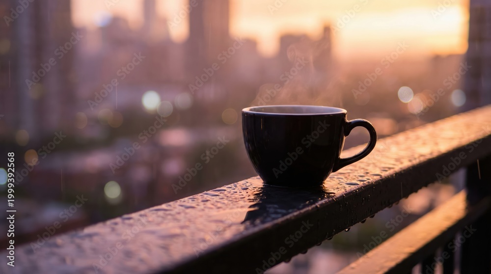 Naklejka premium A steaming cup of coffee sits on a wet balcony railing overlooking a blurred city skyline during a rainy sunset.