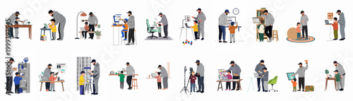 Diverse set of illustrations featuring a father mentoring and assisting his young son with digital learning, technology use, and homeschooling tasks.