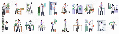 Set of female scientists conducting botanical research and plant experiments in modern laboratory and greenhouse environments