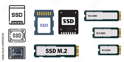 Data Storage Device Icons Set - SSD HDD SD Card Memory Technology Vector