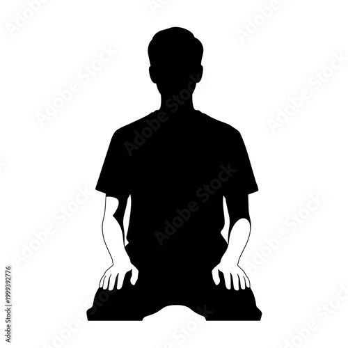 Silhouette of a person kneeling on the floor with hands resting on knees.