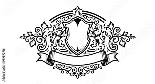 Elegant Vintage Heraldic Crest with Rampant Lions and Floral Scrolls, Royal Shield on Isolated White Background