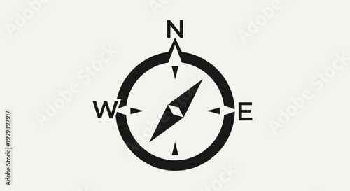 Simple Black Compass Icon for Navigation, North South East West Direction on Light Grey Background