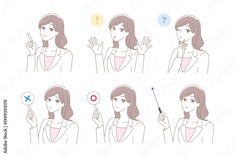 Naklejka premium 美容の専門家の女性によるスキンケア解説イラストセット（表情・ジェスチャー・医療監修）