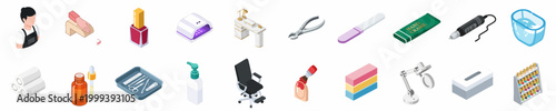 Isometric Collection of Professional Manicure and Nail Salon Equipment, Tools, and Service Icons for Beauty Industry Design
