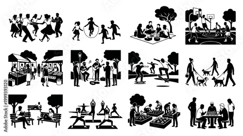Diverse Lifestyle  Community Activities: Black  White Glyph Icons of Outdoor Recreation