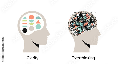Conceptual illustration contrasting a head with clear, organized geometric shapes against another head filled with chaotic, tangled lines, set against a white background to depict clarity