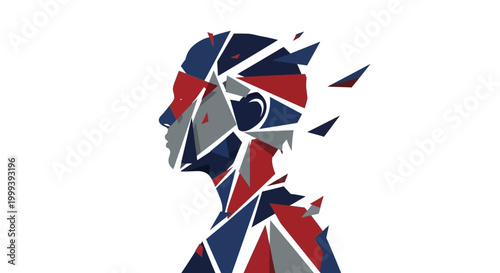 Abstract geometric artwork depicts a stylized human head in profile with shattered, angular polygons in shades of red, white, and blue against a clean white background, creating a modern