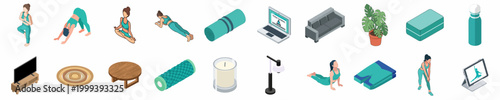 Isometric Set of Yoga at Home Elements Including Poses, Equipment, Furniture, and Online Tutorials on Laptop and Tablet for a Healthy Lifestyle