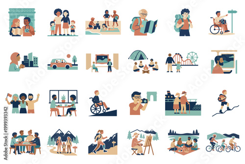 Simple Inclusive Travel & Leisure Flat vector illustration set
