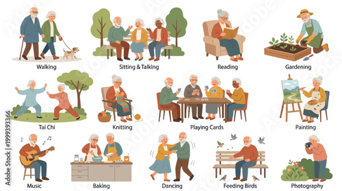 Senior Lifestyle Activities Flat Vector Illustration - Elderly People Hobbies  Pastimes