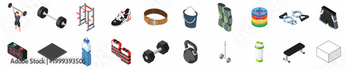 Isometric Gym and Weightlifting Equipment Icon Set for Fitness Training and Bodybuilding