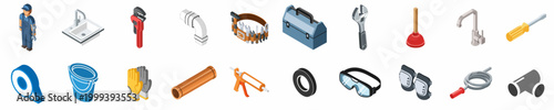 Comprehensive collection of isometric plumbing and repair tool icons, featuring a plumber, wrenches, pipes, and safety gear for maintenance and construction services.