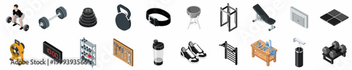 Isometric Collection of Home Garage Gym Equipment and Accessories Featuring Weights, Tools, and Exercise Gear for Strength Training and Fitness.