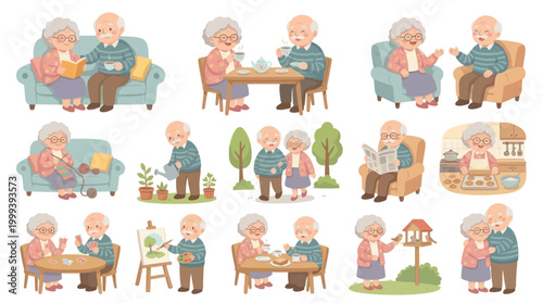 Senior Lifestyle Vector Illustration: Happy Elderly Couples  Grandparents Daily Activities Set