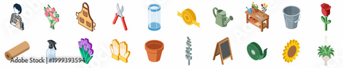 Isometric Florist and Gardening Tool Collection Featuring Flowers, Equipment, and Supplies for a Flower Shop or Home Gardening Hobby