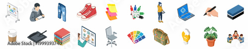 Isometric collection of creative design, office, and educational icons featuring people, tools, and equipment for professionals and students.