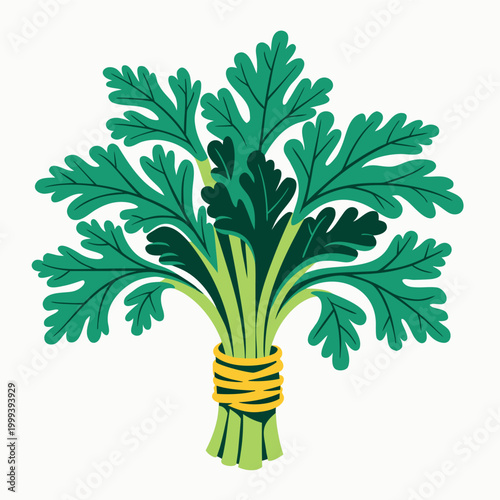 A flat vector illustration of a fresh bundle of green herbs tied together, with layered leaves in a clean modern style.