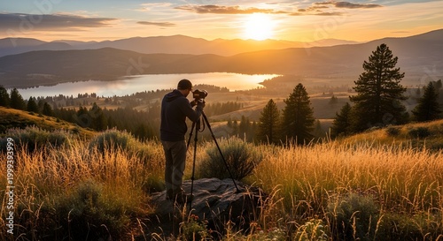 Photographer Capturing Sunset over Serene Lake and Mountain Landscape