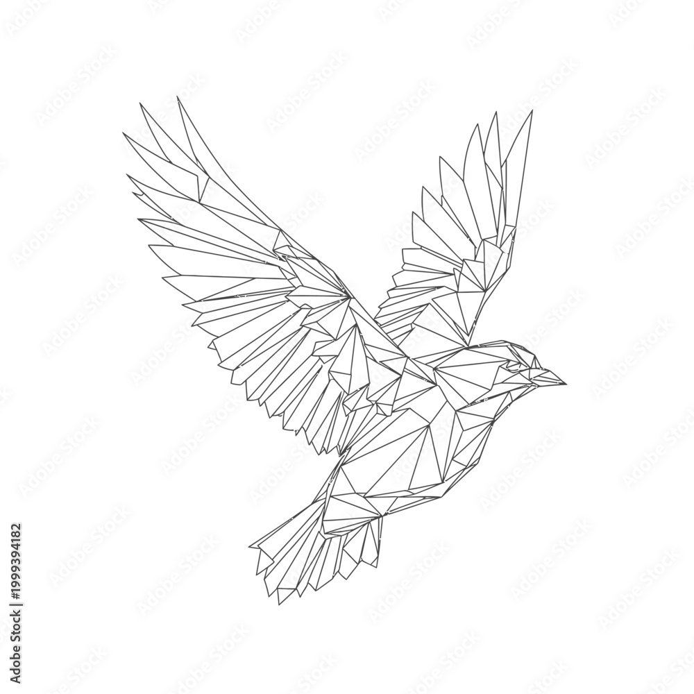 Fototapeta premium Dynamic Geometric Polygonal Small Bird Flying, Wings Spread, Abstract Avian Art on Isolated White Background